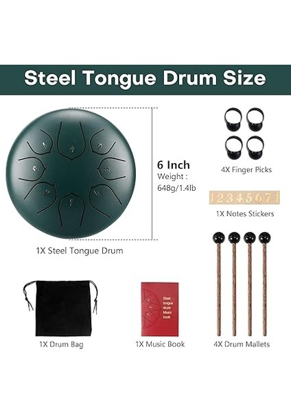 Davul Seti, Açık Hava Bahçe Yağmur Davul, 6" 8 Ton Çelik Dil Davul Yağmur Çanı, Handpan Enstrüman Meditasyon Davul, Açık Hava Yağmur Çanı Müzik Çanları Enstrüman (Koyu Yeşil) indirimleri