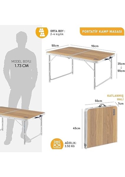 Portatif Kamp Masası, 2 Yükseklik Ayarlı, Katlanır Piknik Masası, Kolay Taşınabilir Alüminyum Masa - 90X50 - Hareli Ceviz modelleri