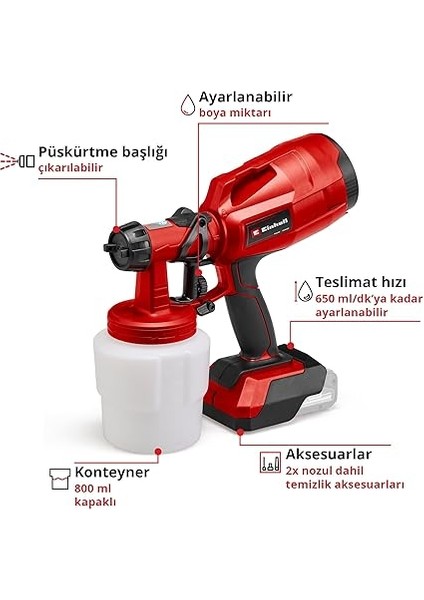 Akülü Sprey Boya Sistemi Tc-Sy 18/60 Li-Solo Power X-Change (Li-Iyon, 18 V, 650 Ml/dk Püskürtme Kapasitesi, 800 ml Boya Haznesi, 2,0 mm ve 2,5 mm Nozul Dahil) - 4260025 modelleri