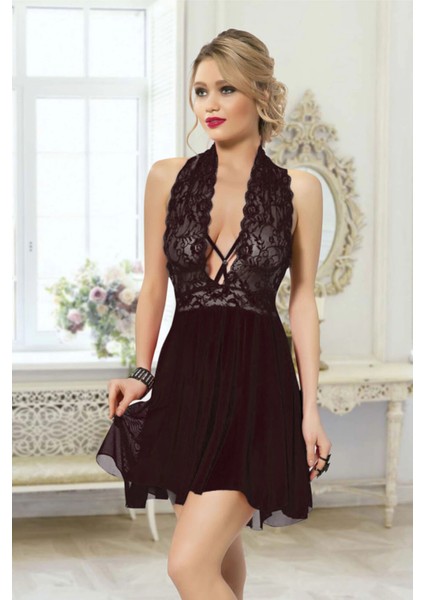 Kadın Siyah Çapraz Bağlı Kısa Tül Dantel Gecelik fiyatları