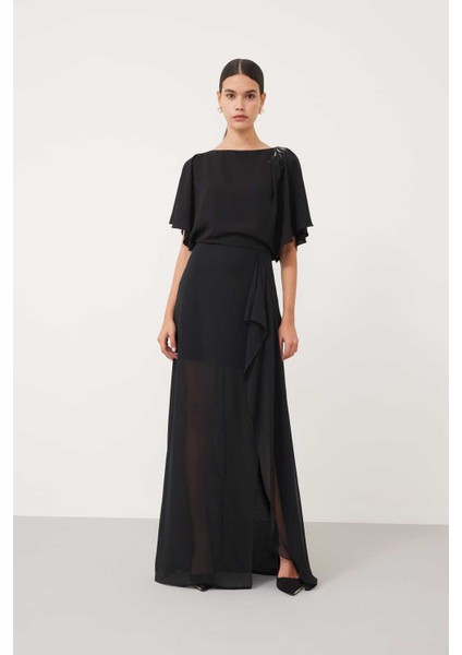 Kayık Yaka Abiye Elbise Siyah K2311312_001