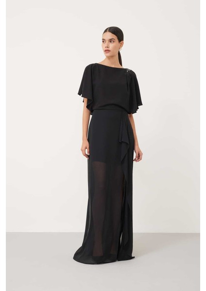 Kayık Yaka Abiye Elbise Siyah K2311312_001