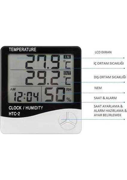 Dijital Termometre Saat Isı Sıcaklık Nem Ölçer Htc-2 fiyatları