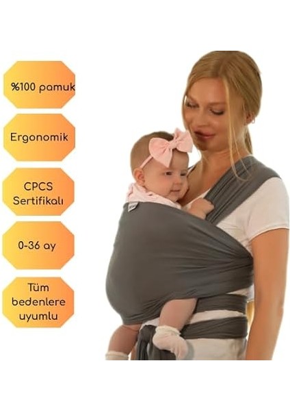 Sling Kanguru Esnek Wrap Sling Bebek Taşıma ŞALI%100 Pamuk Sertifikalı Antrasit fiyatları