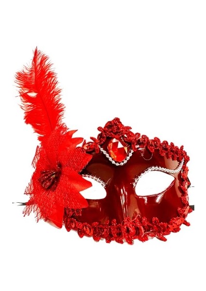 Kırmızı Güllü ve Tüylü Venedik Maskesi