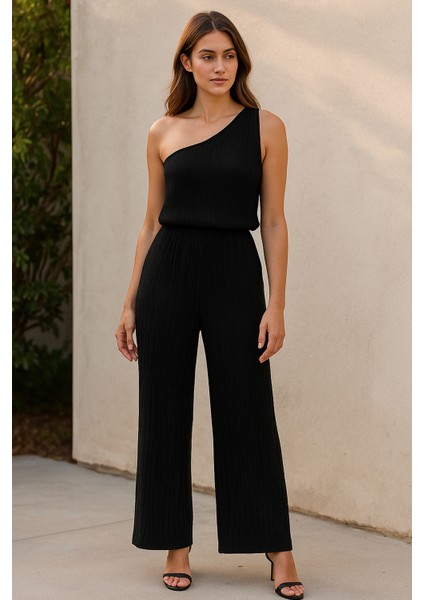 Kadın Siyah Tek Omuzlu Şık Bluz & Geniş Paça Pantolon Ikili Takım
