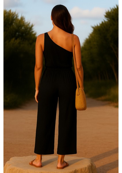 Kadın Siyah Tek Omuzlu Şık Bluz & Geniş Paça Pantolon Ikili Takım fırsatları