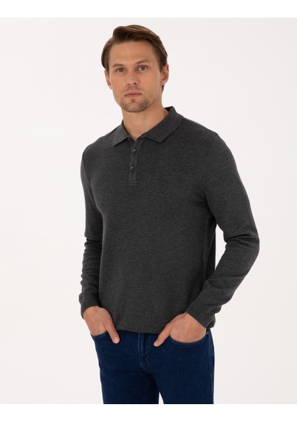 Erkek Antrasit Melanj Slim Fit Polo Yaka Düğmeli Triko Kazak 50318036-VR081