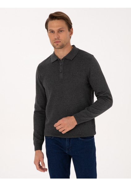 Erkek Antrasit Melanj Slim Fit Polo Yaka Düğmeli Triko Kazak 50318036-VR081 modelleri