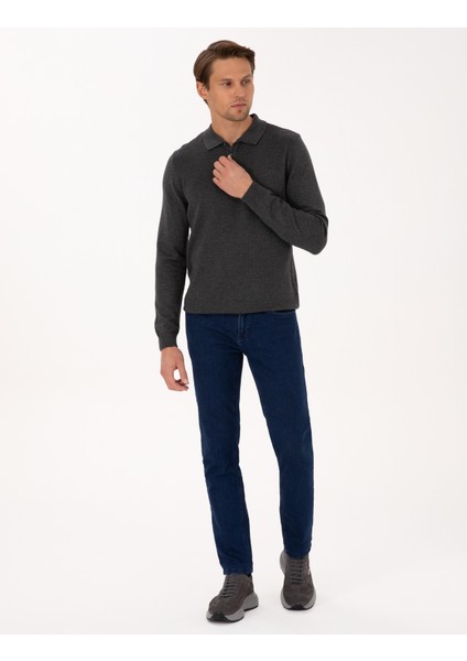 Erkek Antrasit Melanj Slim Fit Polo Yaka Düğmeli Triko Kazak 50318036-VR081 fırsatları