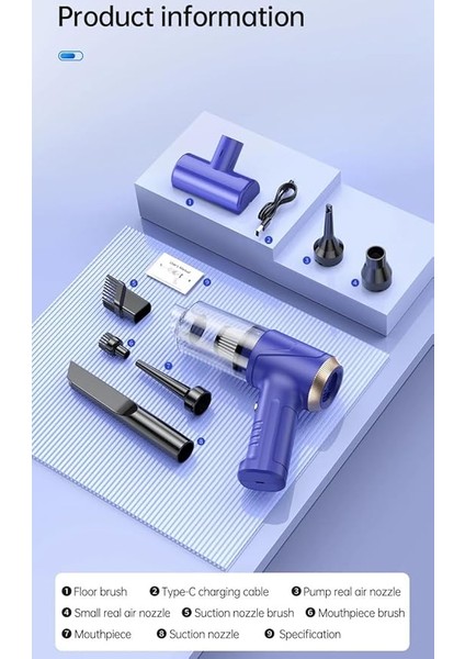 Araba Süpürgesi Dahili Işıklı Taşınabilir Kablosuz, Şarj Edilebilir Süpürge, 18000 Pa Yüksek Güçlü Fırçasız Motor, 4000MAH, Ev, Ofis, Bilgisayar Için Çoklu Başlıklı LT-145 Lacivert modelleri