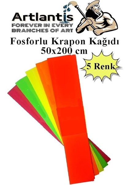 Fosforlu Krapon Kağıdı 5 Renk 50X200 cm 1 Paket Grapon Kağıdı Karışık Renkli 5'li Okul Sınıf Kreş