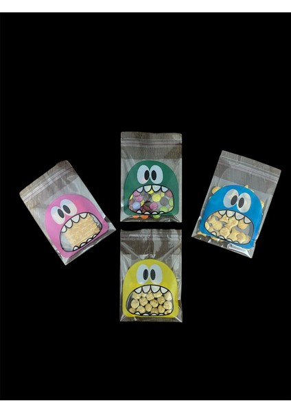 200 Adet 10X14 cm Karışık Renk Canavar Figürlü Bantlı Yapışkanlı Şeffaf Opp Jelatin Poşet, Kurabiye Poşeti