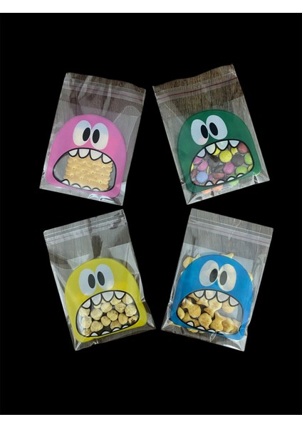 200 Adet 10X14 cm Karışık Renk Canavar Figürlü Bantlı Yapışkanlı Şeffaf Opp Jelatin Poşet, Kurabiye Poşeti