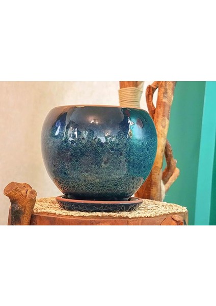 Tasarımı Ev Dekorasyon Okyanus Mavisi Artistik Çift Sırlı Iç ve Dış Mekan Kullanımlı Tabaklı Toprak Terrakota Saksı Saksılık Salon Çiçeklik