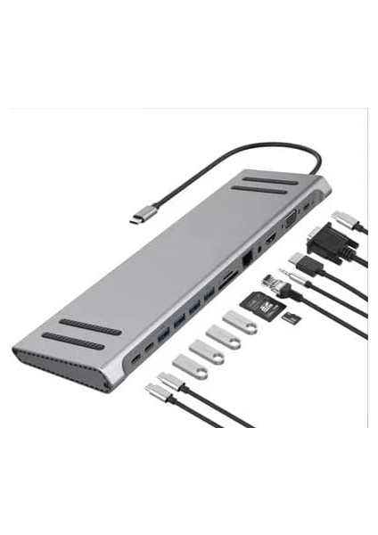 In 1 Stand Özellikli Type-C Hub USB 3.0-SD/TF-RJ45-HDMI-VGA-USB-C Dönüştürücü