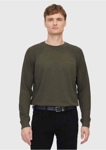 Haki Bisiklet Yaka Jakarlı Triko Kazak