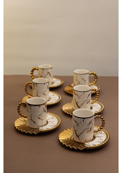 6 Kişilik Modern Mermer Desenli Gold Kahve Fincan Takımı – Şık Sunum Tasarımı