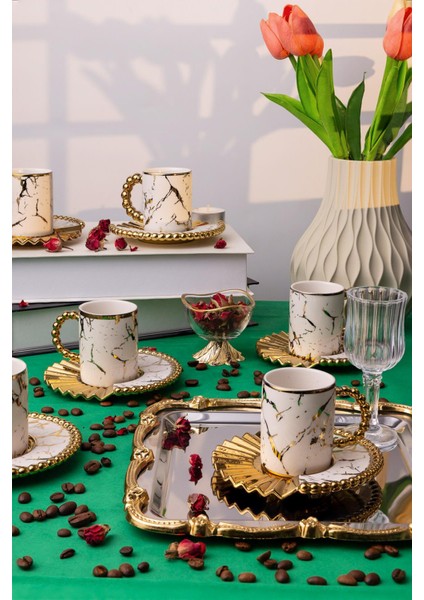 6 Kişilik Modern Mermer Desenli Gold Kahve Fincan Takımı – Şık Sunum Tasarımı fiyatları