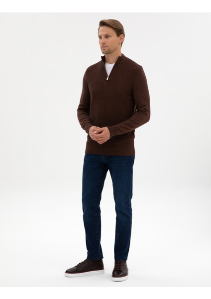 Erkek Kahverengi Slim Fit Dik Yaka Fermuarlı Triko Kazak 50317397-VR029 fırsatları