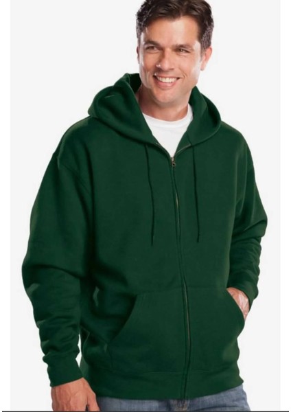 Punıx Büyük Beden Tam Fermuarlı Brezilya Yeşili Düz Renk Baskısız 3 Iplik Kışlık Erkek Hırka Ceket Sweatshırt