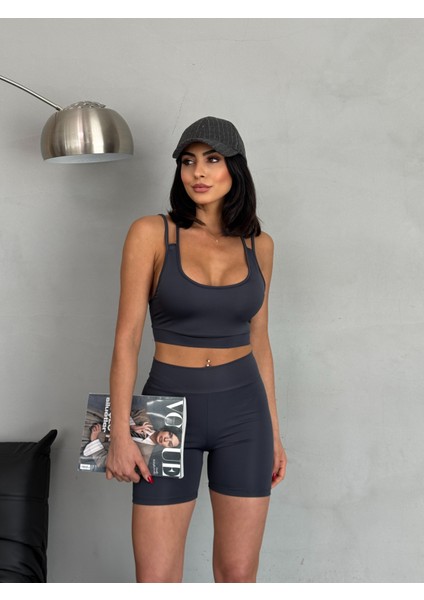 Yüksek Bel Toparlayıcı Çapraz Sırt Detaylı Slim Fit Kadın Tayt Takım