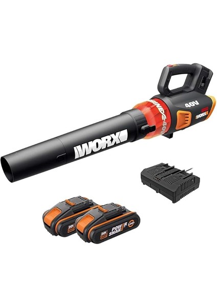 40 V Akülü Yaprak Üfleyici WG584E, 2 x 2,0 Ah, Powershare, Fırçasız Motor, Türbin Teknolojisi, Çift Şarj Cihazı, 145 Km/sa Yüksek Hava Hızı, 12 M3 / Dak, 2 x 18 V