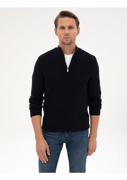 Erkek Lacivert Slim Fit Dik Yaka Fermuarlı Triko Kazak 50317397-VR033