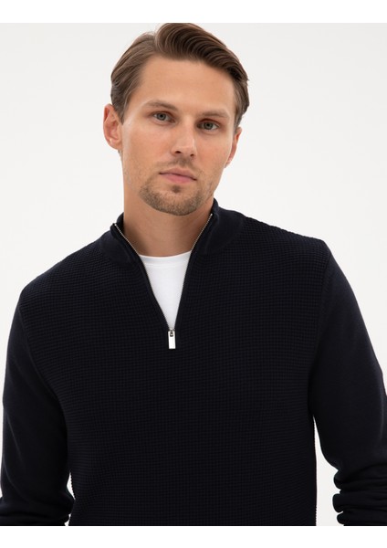 Erkek Lacivert Slim Fit Dik Yaka Fermuarlı Triko Kazak 50317397-VR033 fiyatları