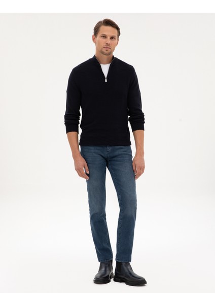 Erkek Lacivert Slim Fit Dik Yaka Fermuarlı Triko Kazak 50317397-VR033 fırsatları