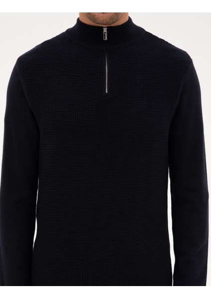 Erkek Lacivert Slim Fit Dik Yaka Fermuarlı Triko Kazak 50317397-VR033