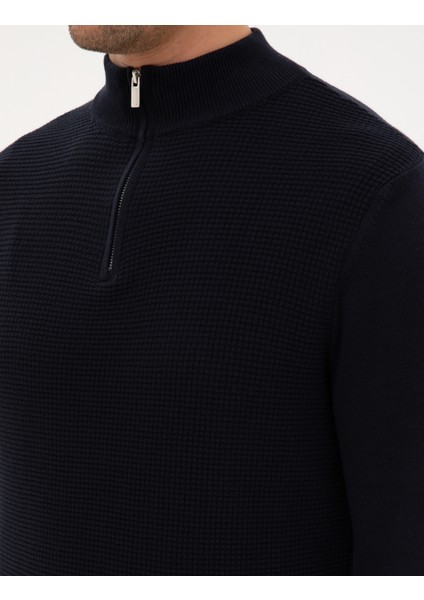 Erkek Lacivert Slim Fit Dik Yaka Fermuarlı Triko Kazak 50317397-VR033