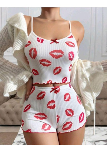 Kadın Beyaz Dudak Desenli Seksi Gecelik Takım 6642