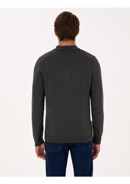 Erkek Antrasit Melanj Slim Fit Polo Yaka Düğmeli Triko Kazak 50318036-VR081 indirimleri