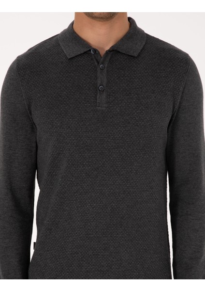 Erkek Antrasit Melanj Slim Fit Polo Yaka Düğmeli Triko Kazak 50318036-VR081