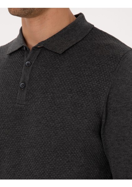 Erkek Antrasit Melanj Slim Fit Polo Yaka Düğmeli Triko Kazak 50318036-VR081