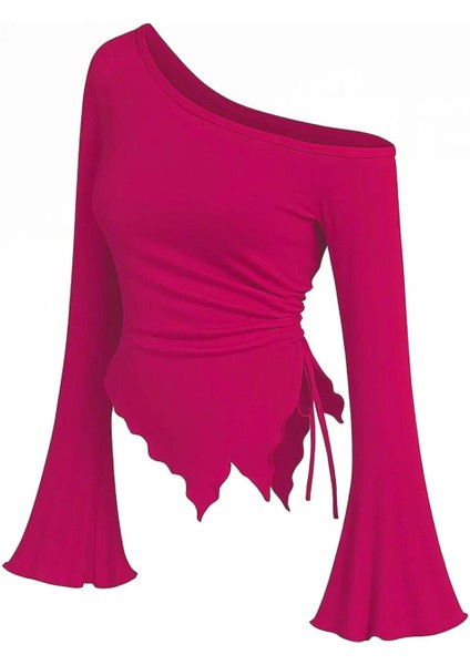 Kadın Fuşya Uzun Ispanyol Kollu Asimetirik Yaka Yandan Bağlamalı Drapeli Bluz