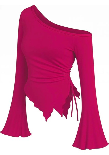 Kadın Fuşya Uzun Ispanyol Kollu Asimetirik Yaka Yandan Bağlamalı Drapeli Bluz modelleri