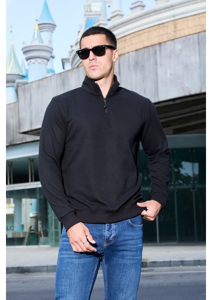 Slim Fit Yarım Balıkçı Yaka Yarım Fermuarlı Düz Renk Erkek Sweatshirt - V002