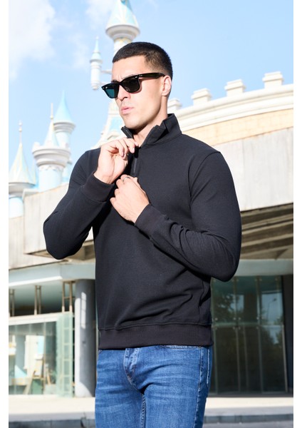 Slim Fit Yarım Balıkçı Yaka Yarım Fermuarlı Düz Renk Erkek Sweatshirt - V002 fiyatları