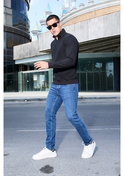 Slim Fit Yarım Balıkçı Yaka Yarım Fermuarlı Düz Renk Erkek Sweatshirt - V002 fırsatları