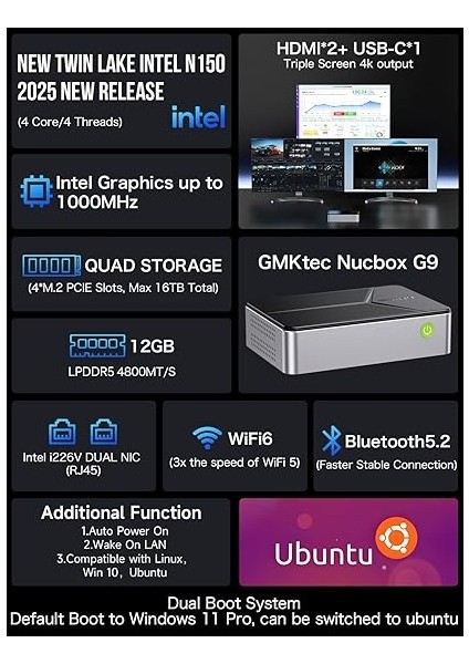 G9 Intel N150 Işlemci, 12GB Ddr5 5500MHZ Ram + 64GB Emmc, 512GB Ssd, 2x2.5g Ethernet Linux + Win 11 Pro Mini Pc fiyatları