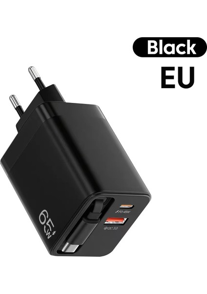 65WATT 2xusb-C + 1xusb-A 2xusb-C + 1xusb-A Çıkışlı, Gan Teknolojili Hızlı Duvar Şarj Aleti Çıkışlı, Dahili Usb-C Kablolu