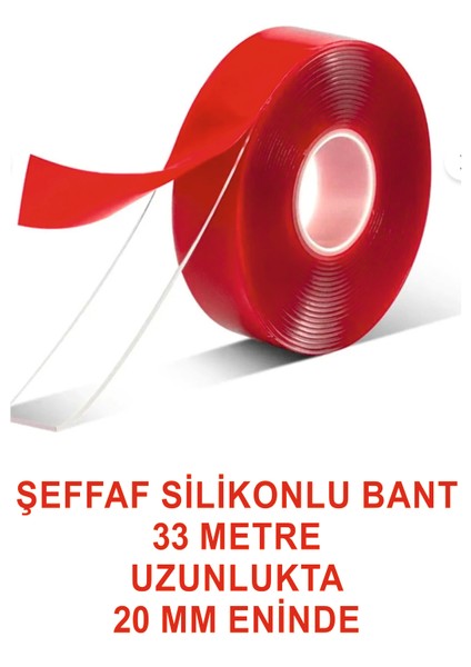 Silikonlu Şeffaf Kırmızı Taşıyıcılı Taraflı Çift Bant 33 M. Uzunlğunda 20 Mm. Eninde