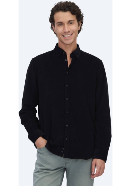 Siyah Çizgili Regular Fit Dokuma Kadife Casual %100 Pamuk Gömlek