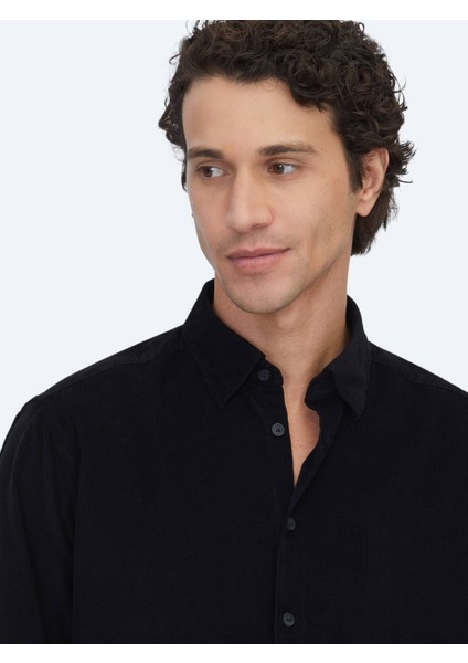 Siyah Çizgili Regular Fit Dokuma Kadife Casual %100 Pamuk Gömlek modelleri