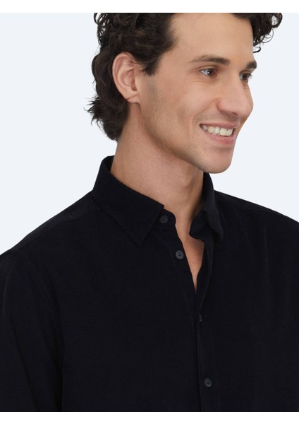 Siyah Çizgili Regular Fit Dokuma Kadife Casual %100 Pamuk Gömlek fırsatları