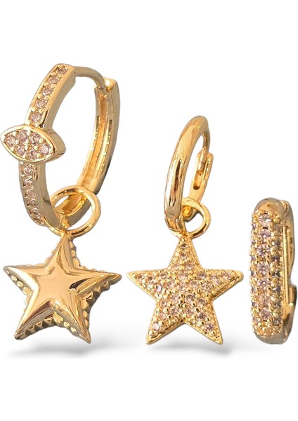 Taşlı Balon Yıldız Üçlü Çelik Küpe