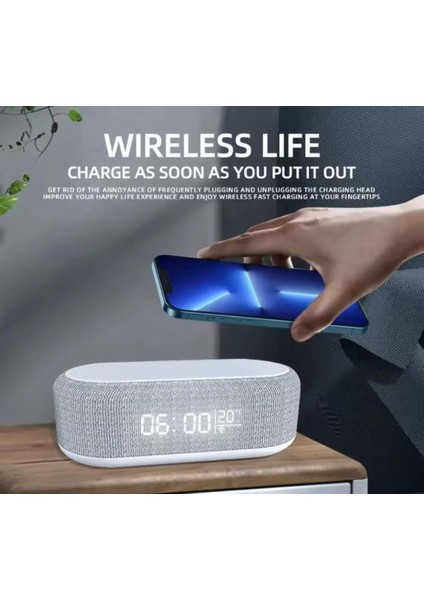 Alarm Saatli Kablosuz Şarj Cihazı LED Işıklı Bluetooth Hoparlör