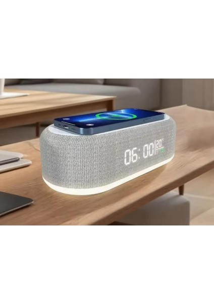 Alarm Saatli Kablosuz Şarj Cihazı LED Işıklı Bluetooth Hoparlör indirimleri